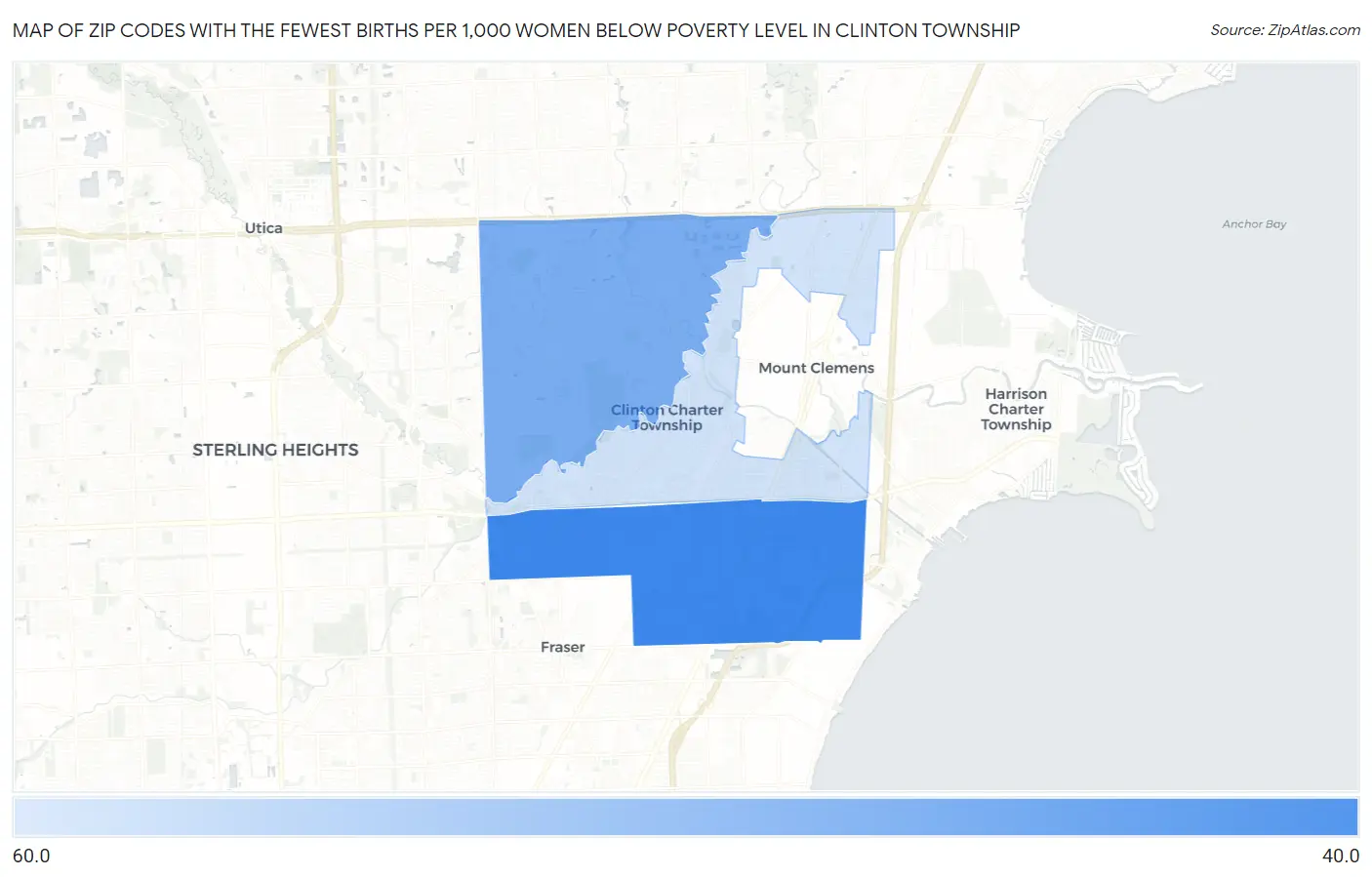 Zip Codes with the Fewest Births per 1,000 Women Below Poverty Level in Clinton Township Map