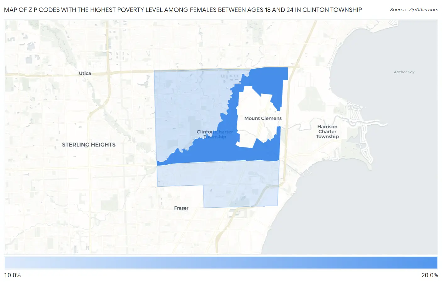 Zip Codes with the Highest Poverty Level Among Females Between Ages 18 and 24 in Clinton Township Map