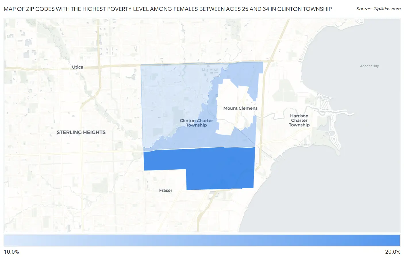 Zip Codes with the Highest Poverty Level Among Females Between Ages 25 and 34 in Clinton Township Map