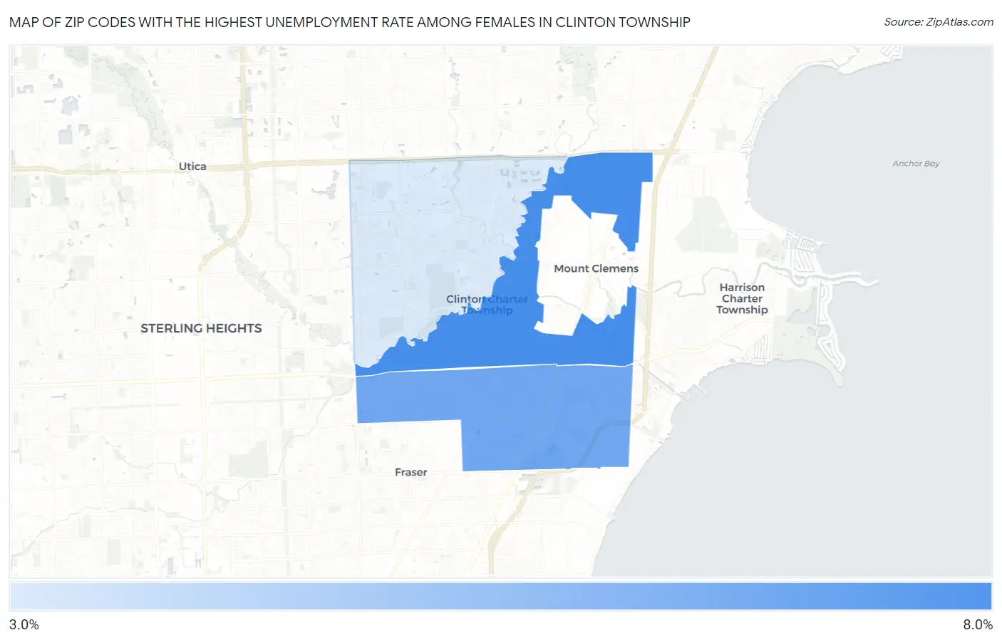 Zip Codes with the Highest Unemployment Rate Among Females in Clinton Township Map