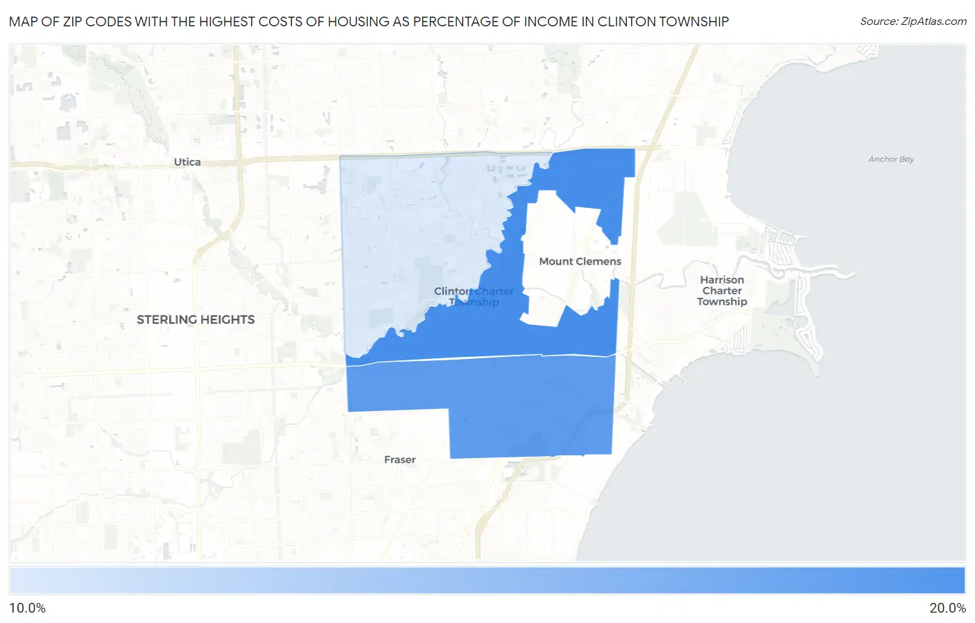Zip Codes with the Highest Costs of Housing as Percentage of Income in Clinton Township Map