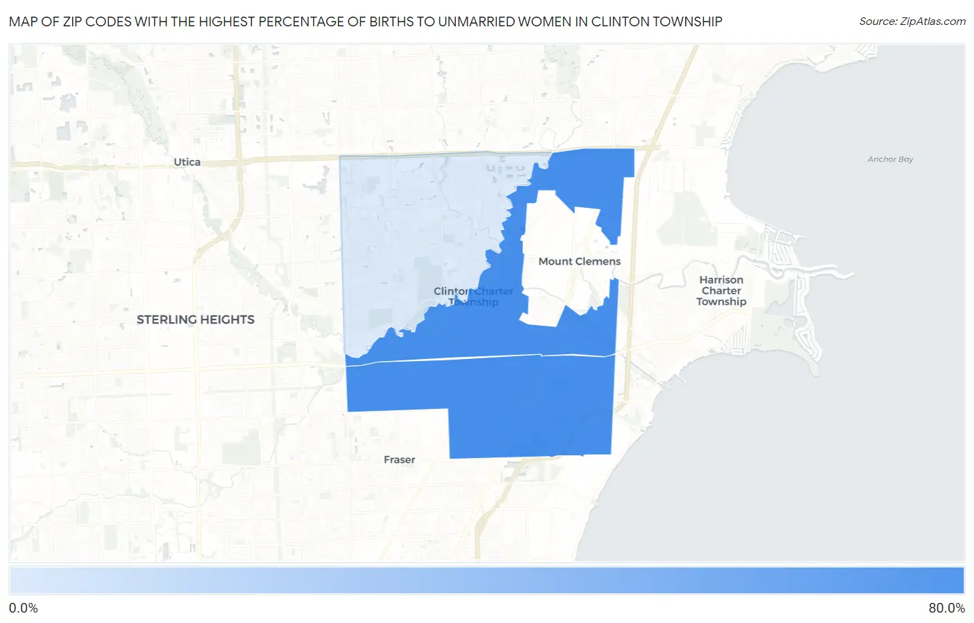 Zip Codes with the Highest Percentage of Births to Unmarried Women in Clinton Township Map