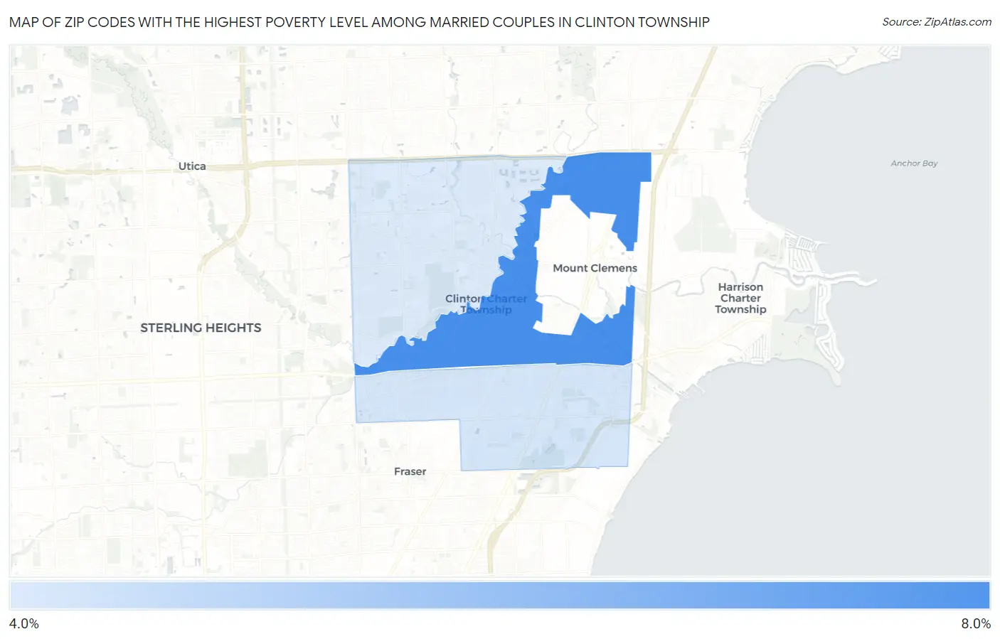 Zip Codes with the Highest Poverty Level Among Married Couples in Clinton Township Map