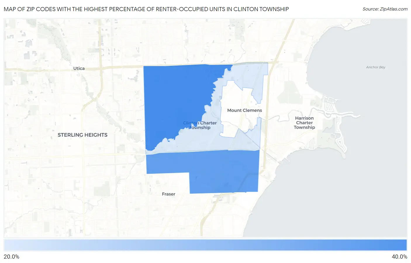 Zip Codes with the Highest Percentage of Renter-Occupied Units in Clinton Township Map