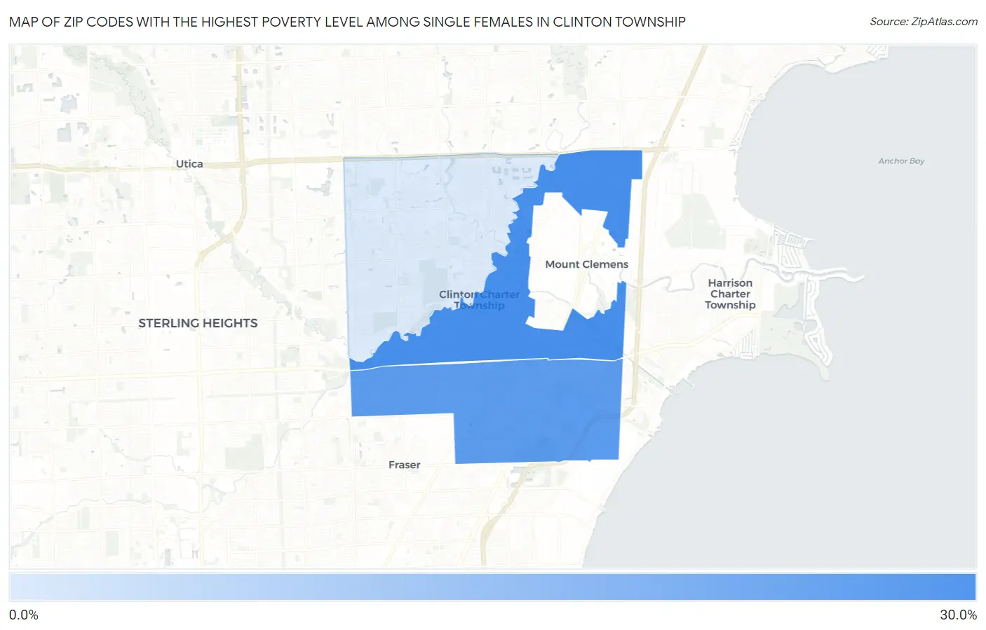 Zip Codes with the Highest Poverty Level Among Single Females in Clinton Township Map