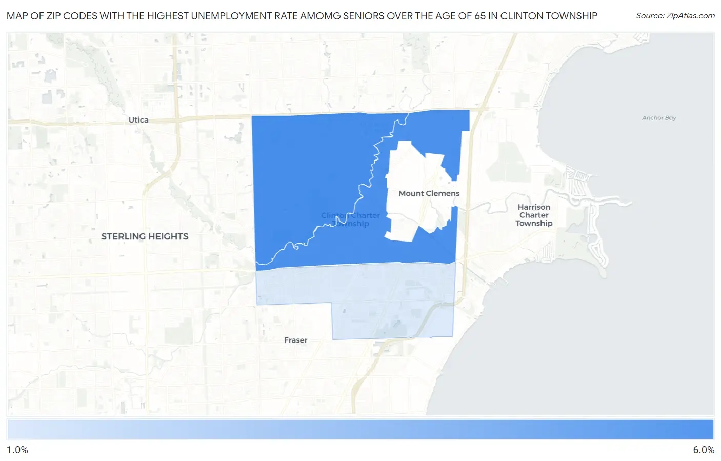 Zip Codes with the Highest Unemployment Rate Amomg Seniors Over the Age of 65 in Clinton Township Map