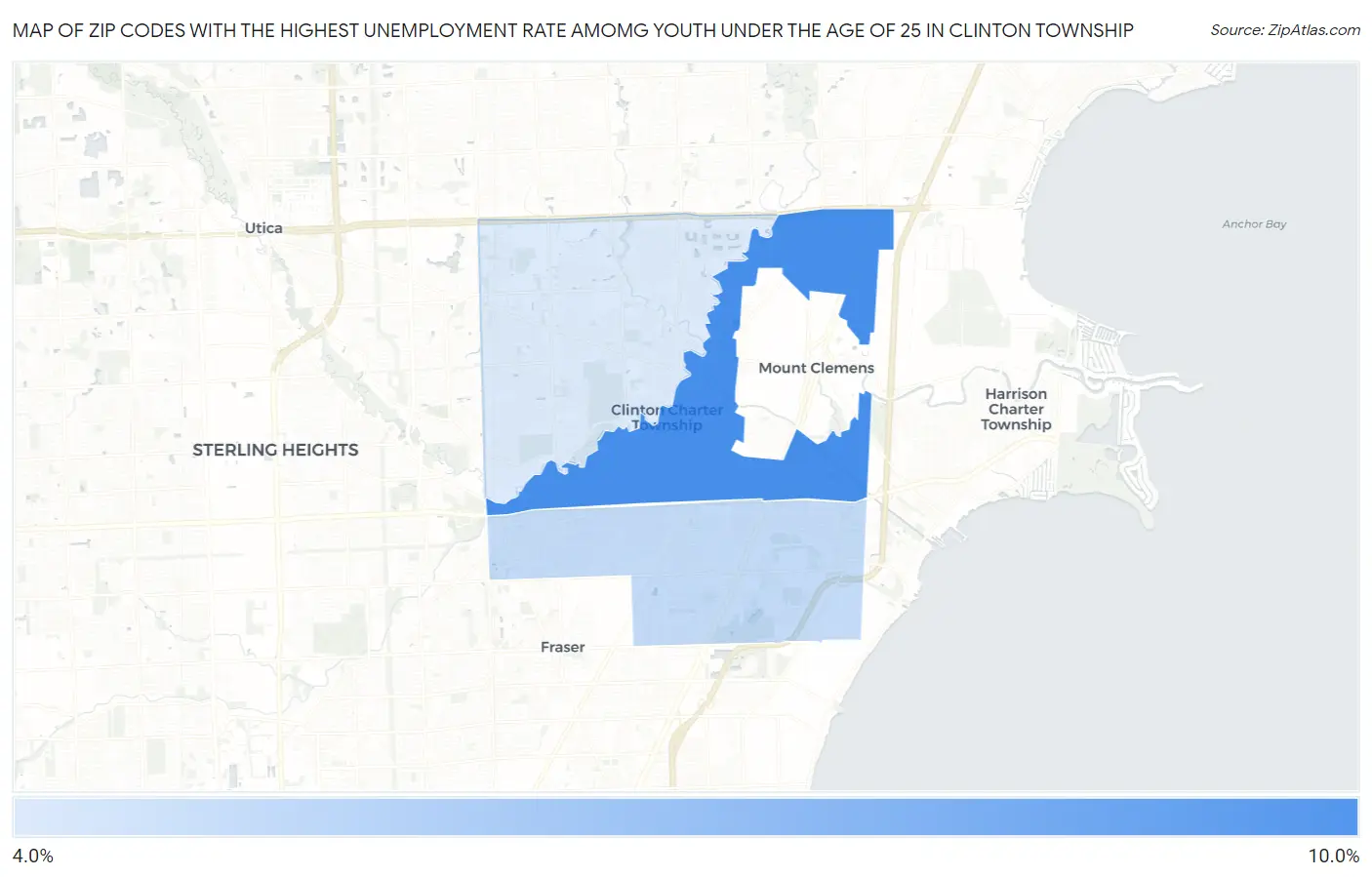 Zip Codes with the Highest Unemployment Rate Amomg Youth Under the Age of 25 in Clinton Township Map