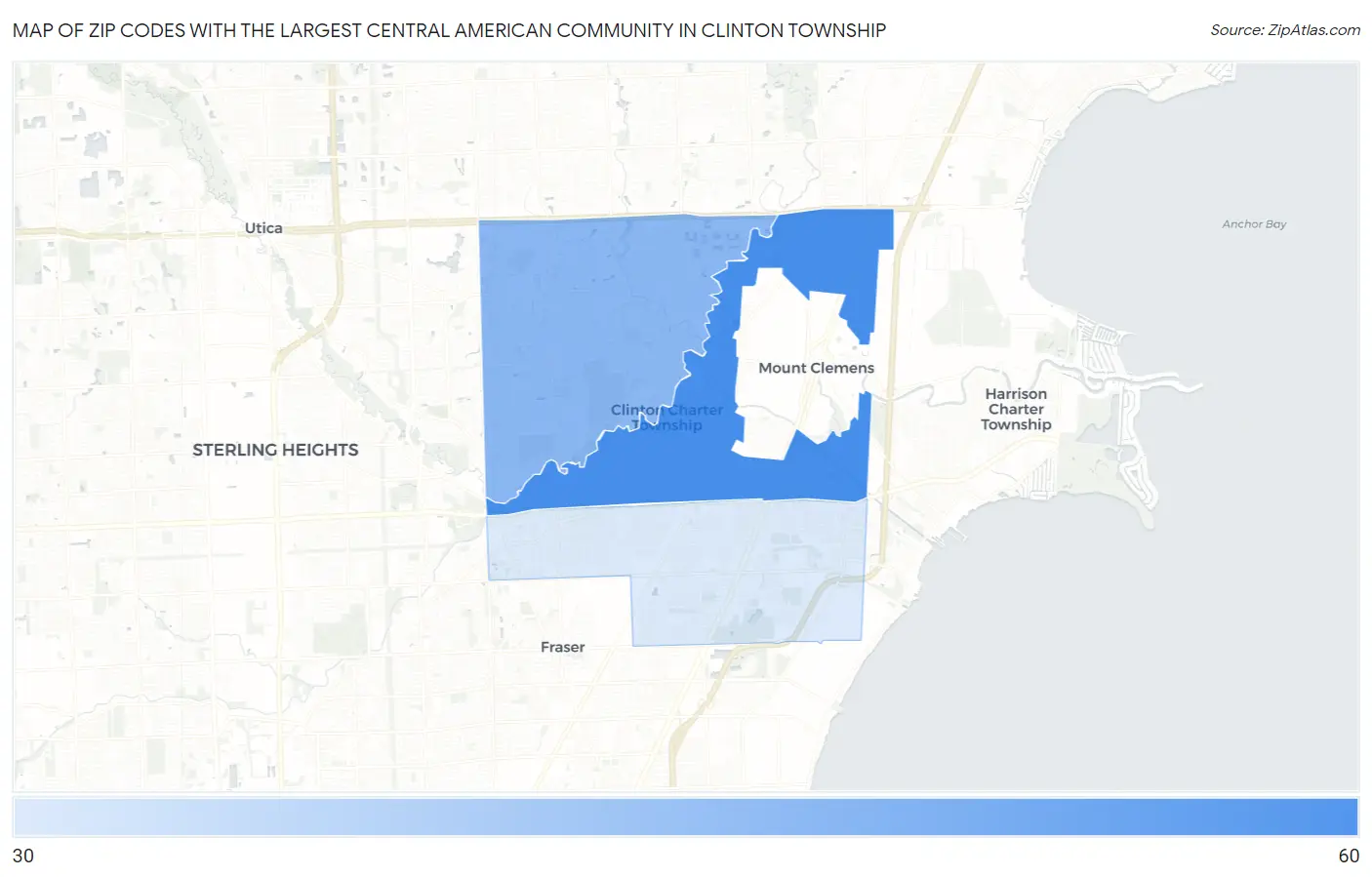 Zip Codes with the Largest Central American Community in Clinton Township Map