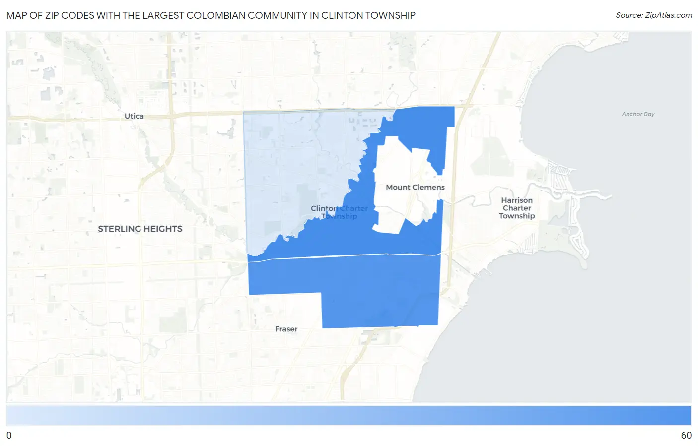Zip Codes with the Largest Colombian Community in Clinton Township Map