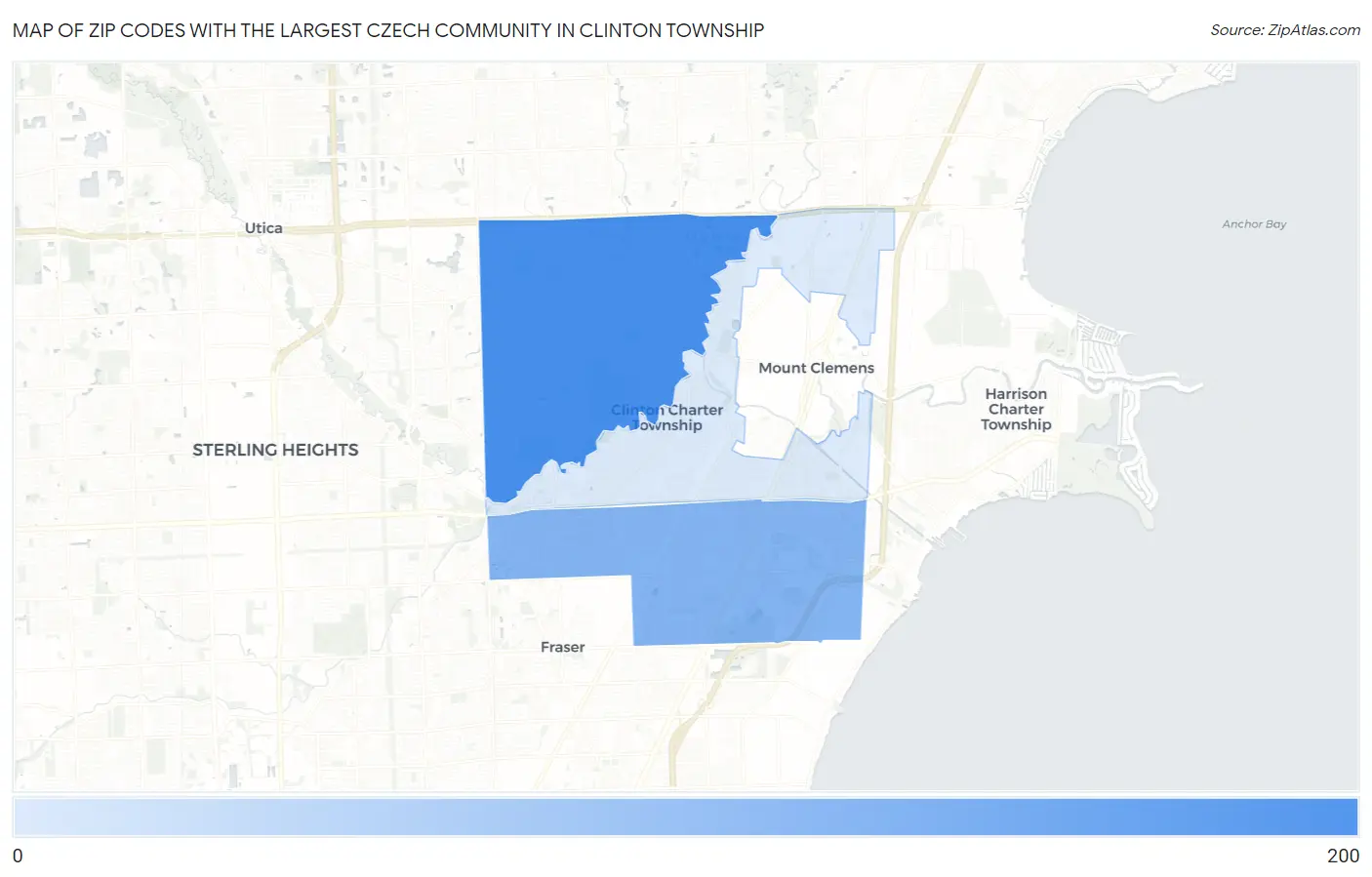 Zip Codes with the Largest Czech Community in Clinton Township Map