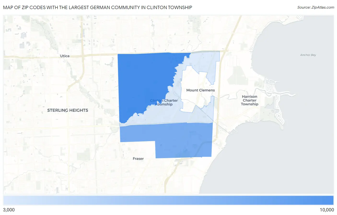 Zip Codes with the Largest German Community in Clinton Township Map