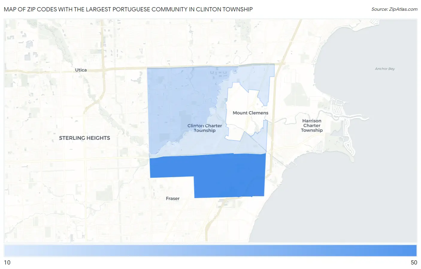 Zip Codes with the Largest Portuguese Community in Clinton Township Map