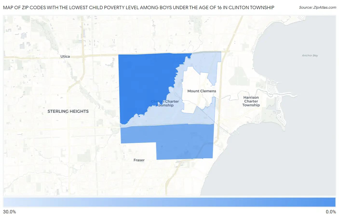 Zip Codes with the Lowest Child Poverty Level Among Boys Under the Age of 16 in Clinton Township Map