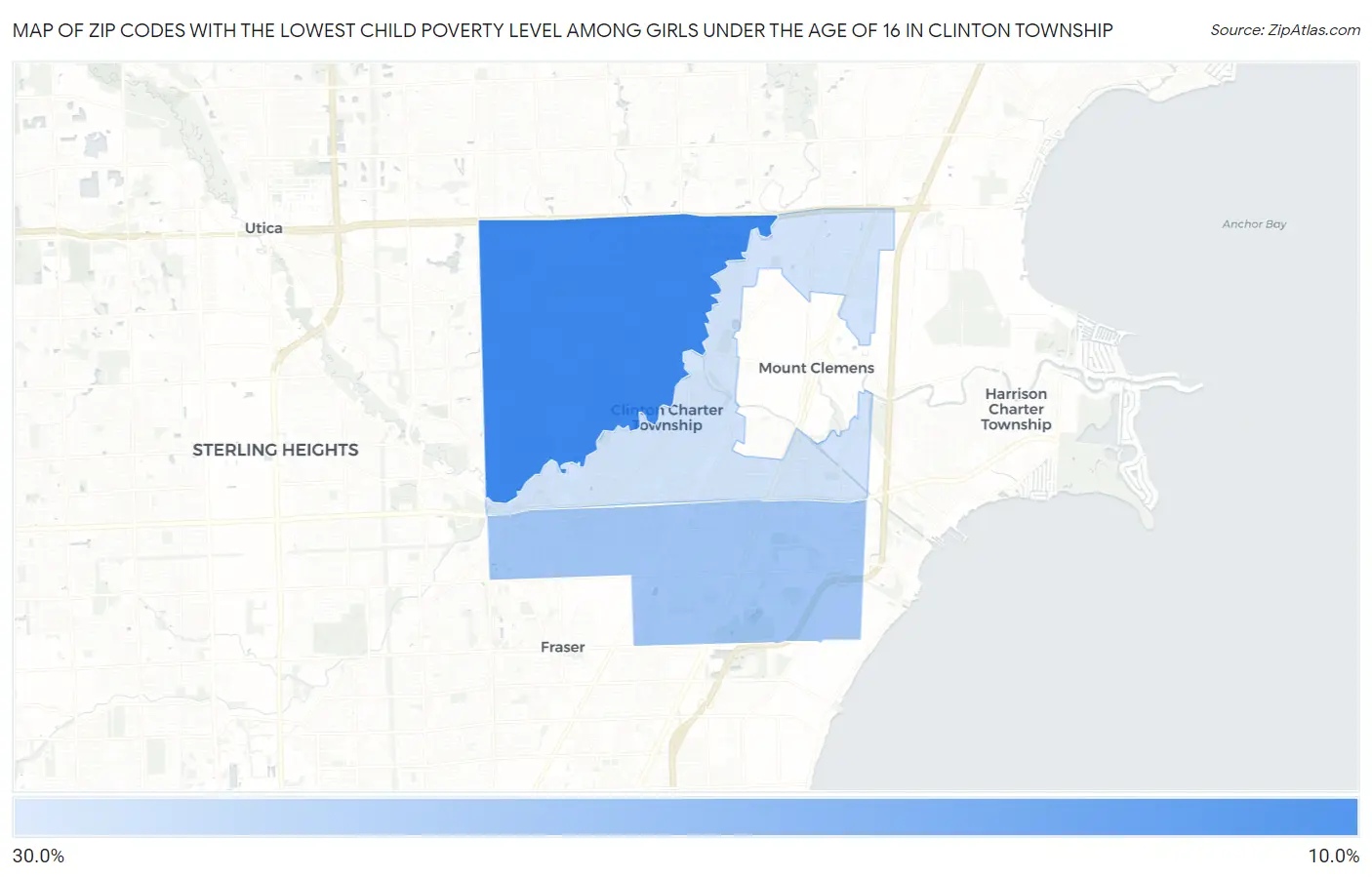 Zip Codes with the Lowest Child Poverty Level Among Girls Under the Age of 16 in Clinton Township Map