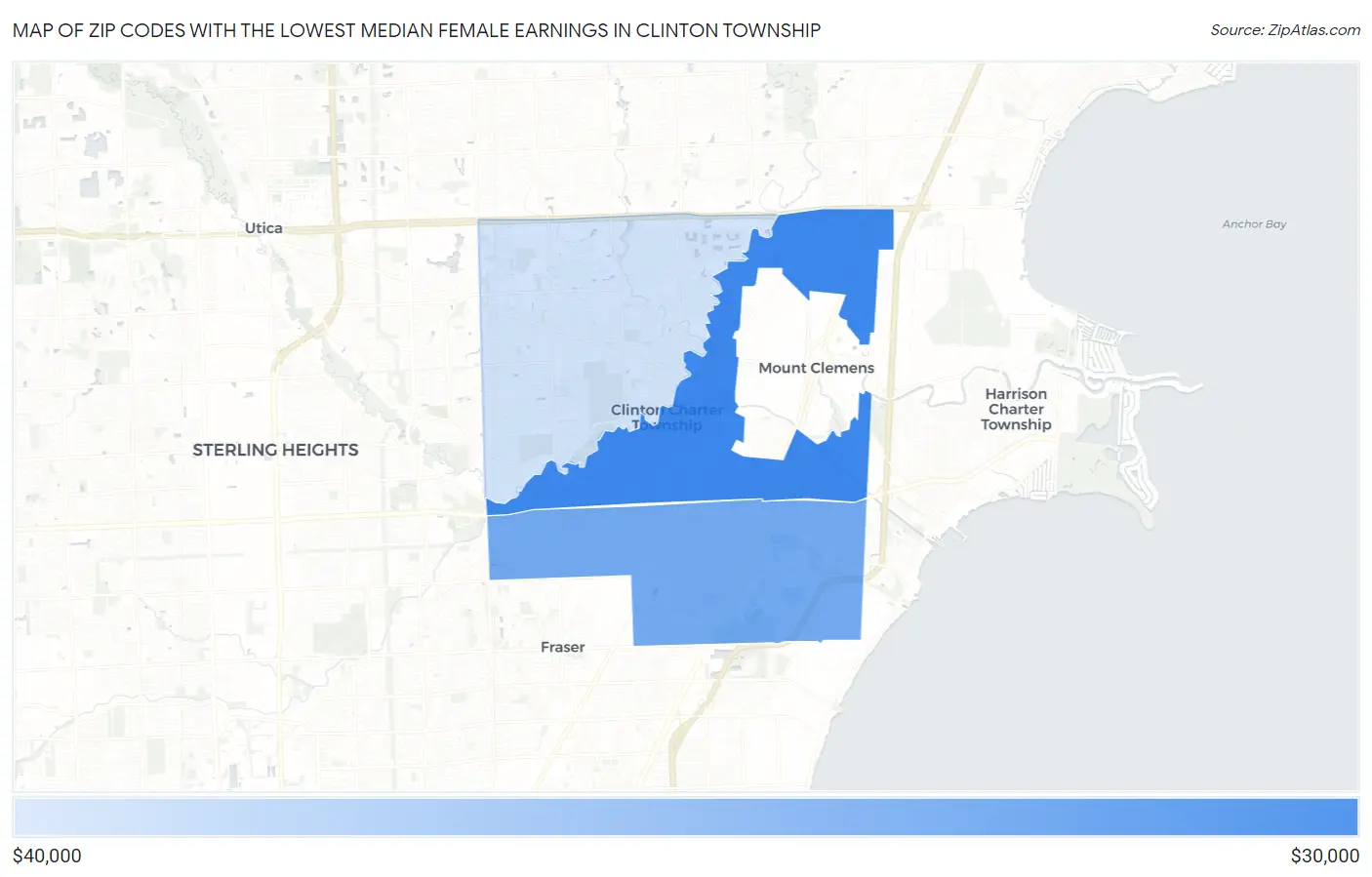 Zip Codes with the Lowest Median Female Earnings in Clinton Township Map