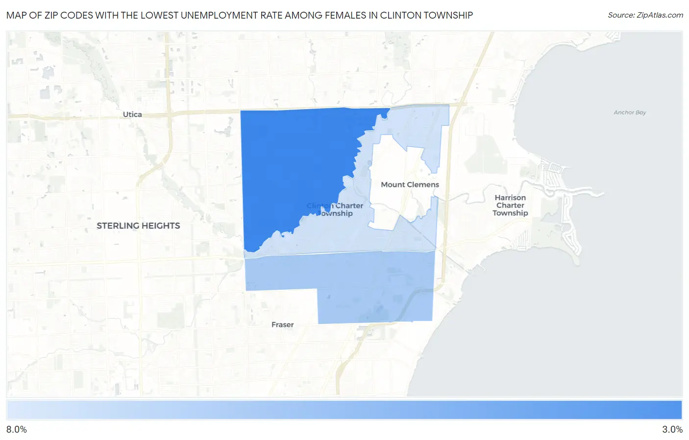 Zip Codes with the Lowest Unemployment Rate Among Females in Clinton Township Map