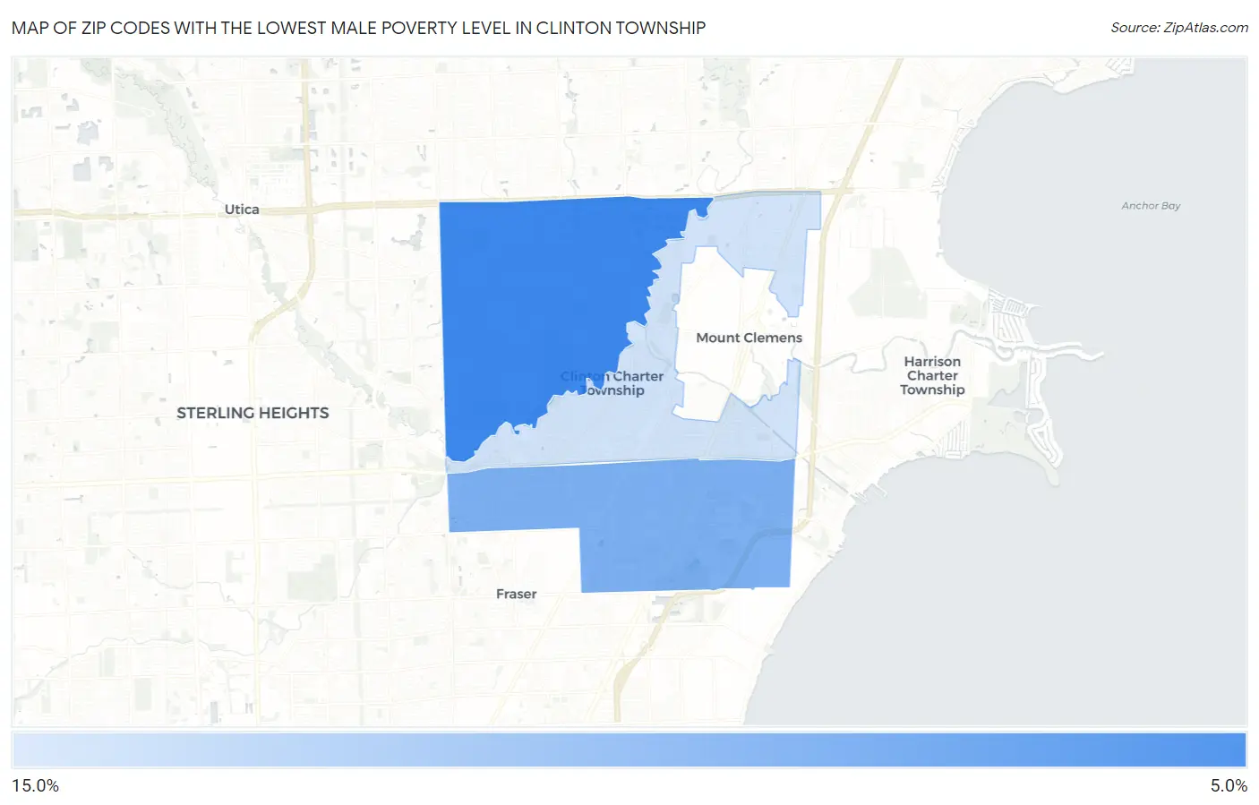 Zip Codes with the Lowest Male Poverty Level in Clinton Township Map