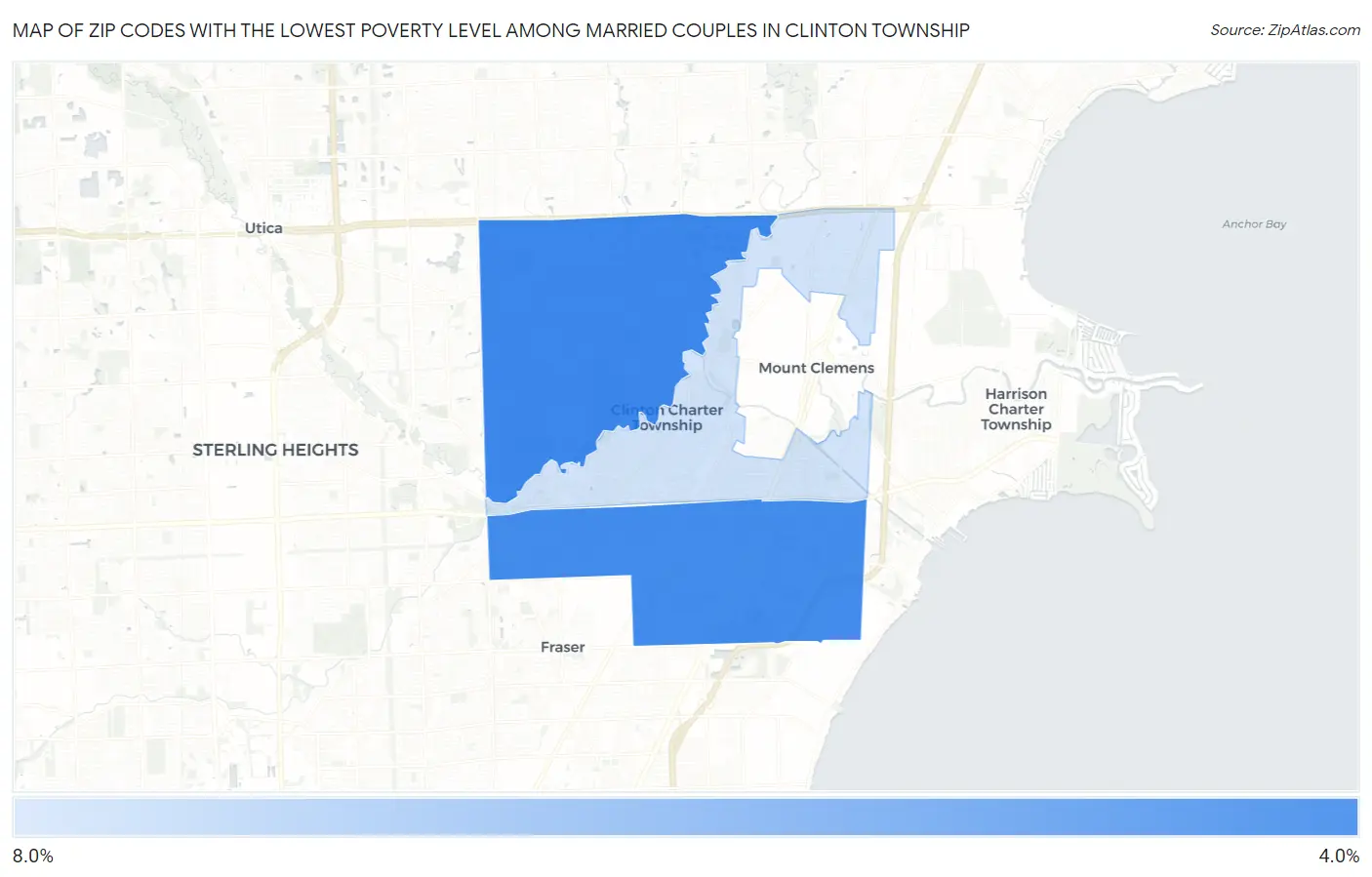 Zip Codes with the Lowest Poverty Level Among Married Couples in Clinton Township Map