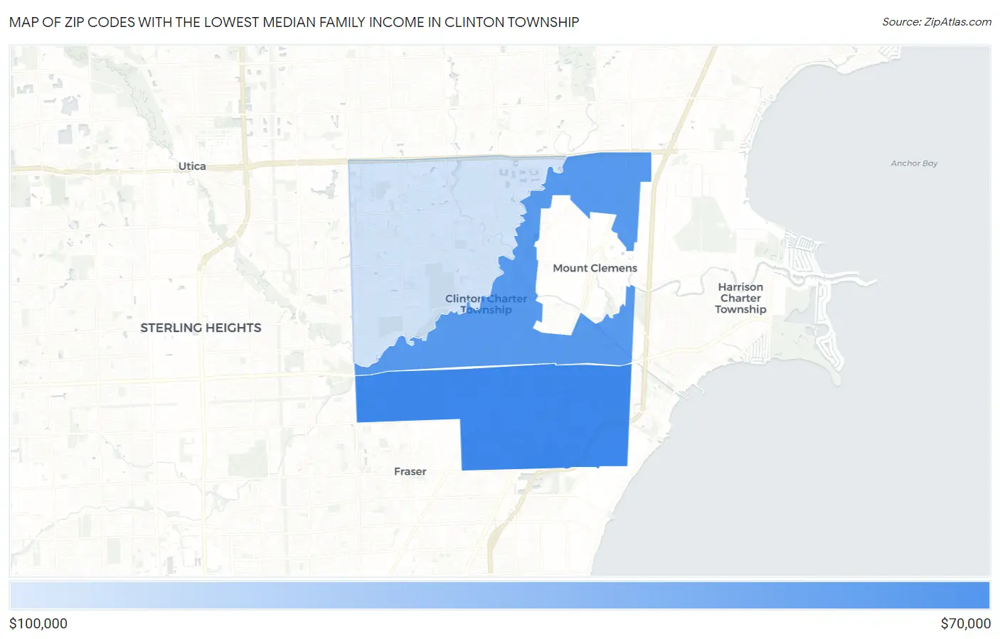 Zip Codes with the Lowest Median Family Income in Clinton Township Map