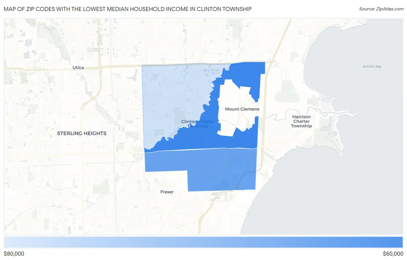 Zip Codes with the Lowest Median Household Income in Clinton Township Map