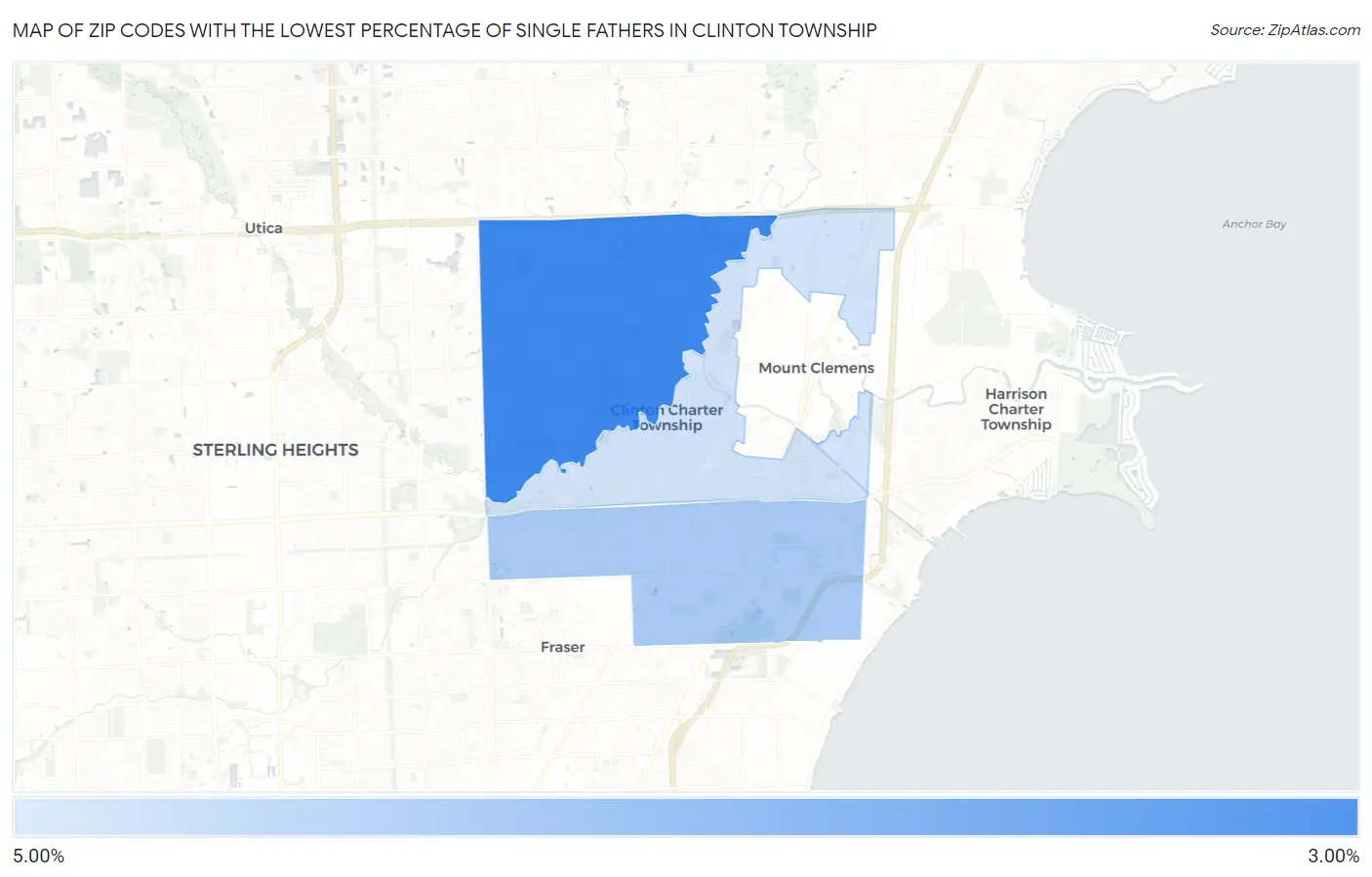 Zip Codes with the Lowest Percentage of Single Fathers in Clinton Township Map