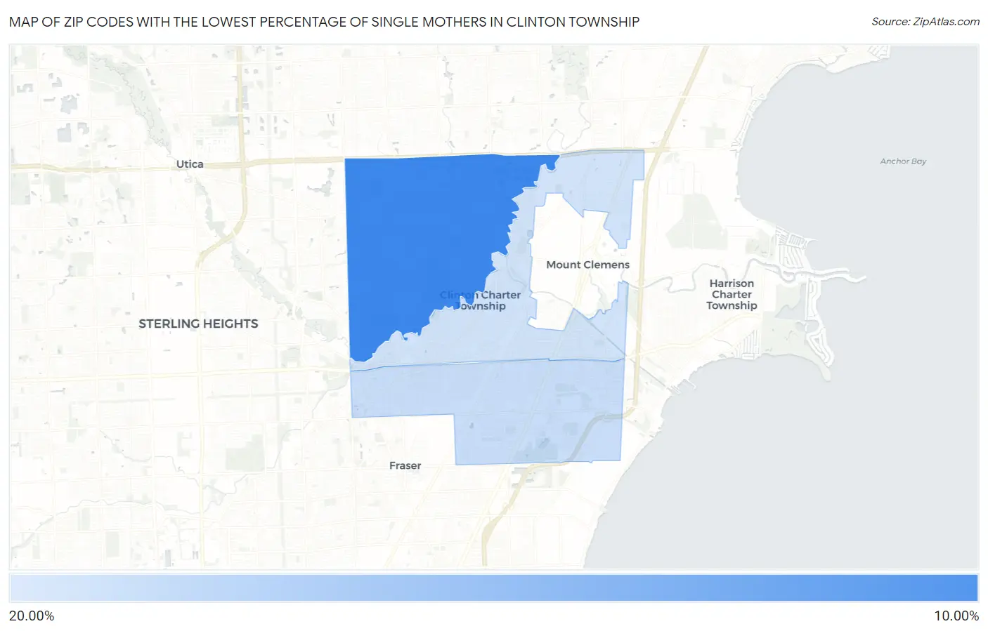 Zip Codes with the Lowest Percentage of Single Mothers in Clinton Township Map