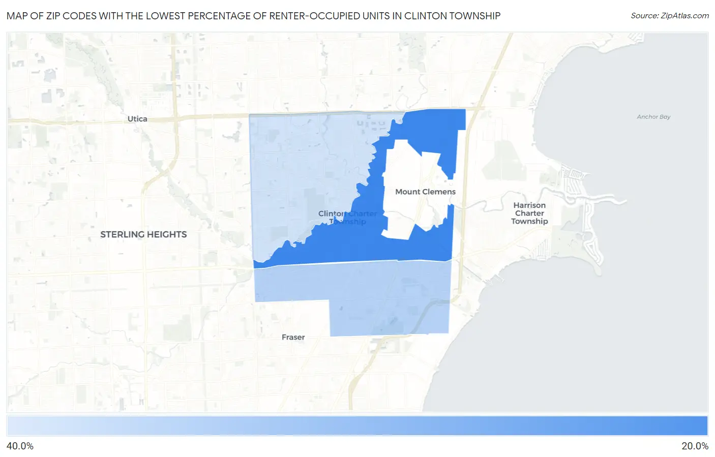 Zip Codes with the Lowest Percentage of Renter-Occupied Units in Clinton Township Map
