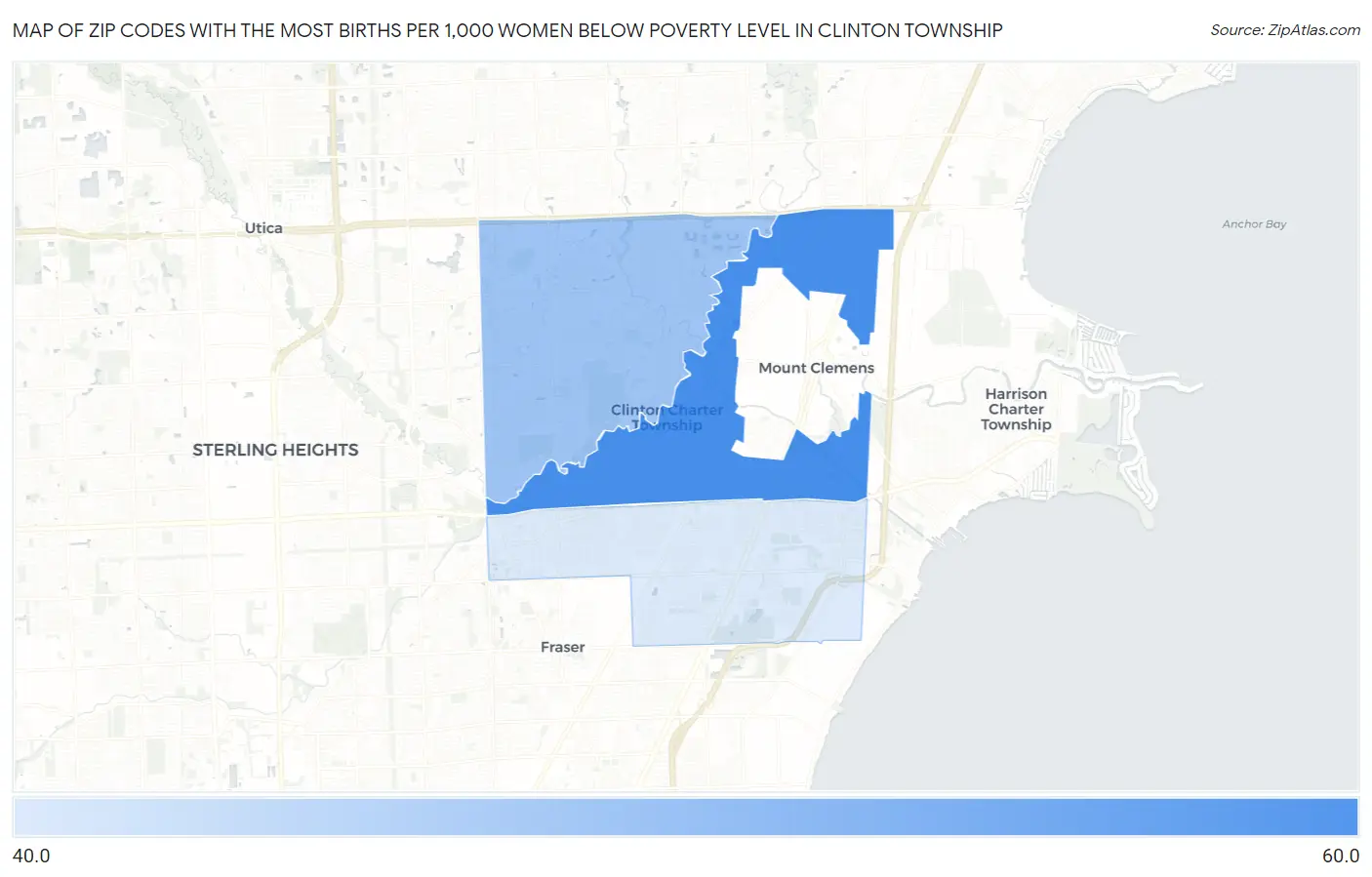 Zip Codes with the Most Births per 1,000 Women Below Poverty Level in Clinton Township Map