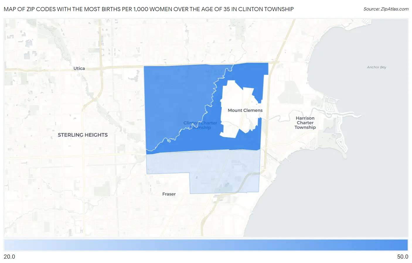 Zip Codes with the Most Births per 1,000 Women Over the Age of 35 in Clinton Township Map