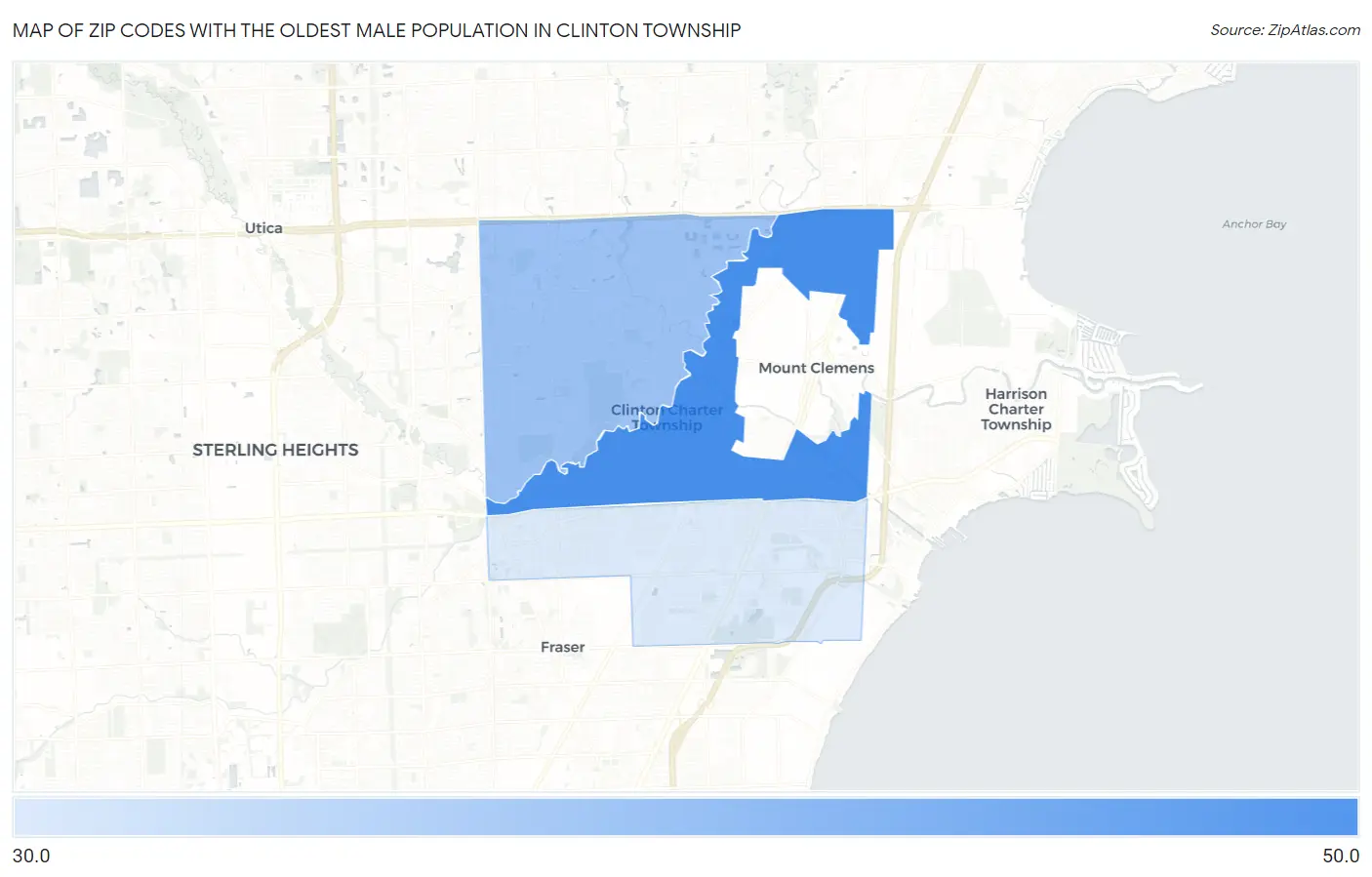 Zip Codes with the Oldest Male Population in Clinton Township Map