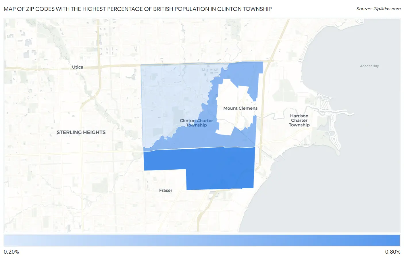 Zip Codes with the Highest Percentage of British Population in Clinton Township Map