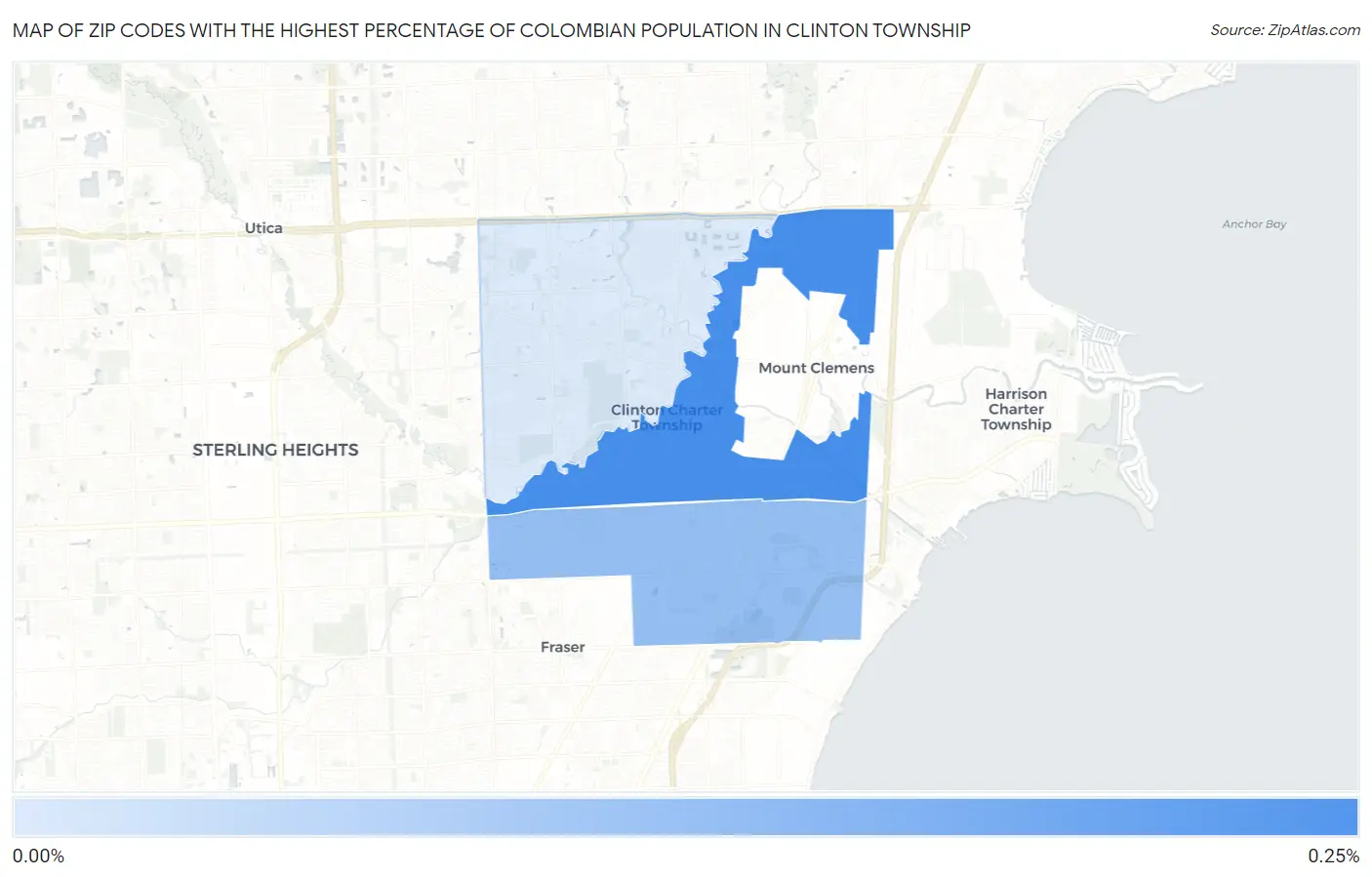 Zip Codes with the Highest Percentage of Colombian Population in Clinton Township Map
