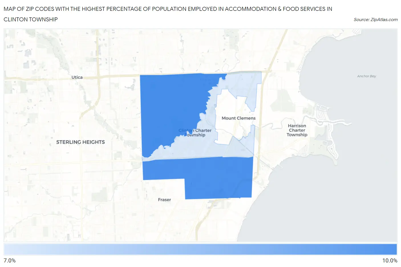 Zip Codes with the Highest Percentage of Population Employed in Accommodation & Food Services in Clinton Township Map