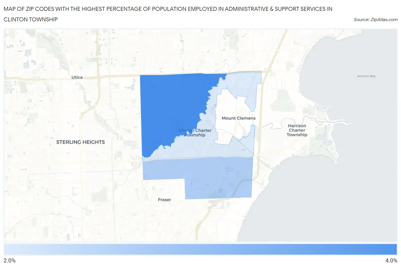 Zip Codes with the Highest Percentage of Population Employed in Administrative & Support Services in Clinton Township Map