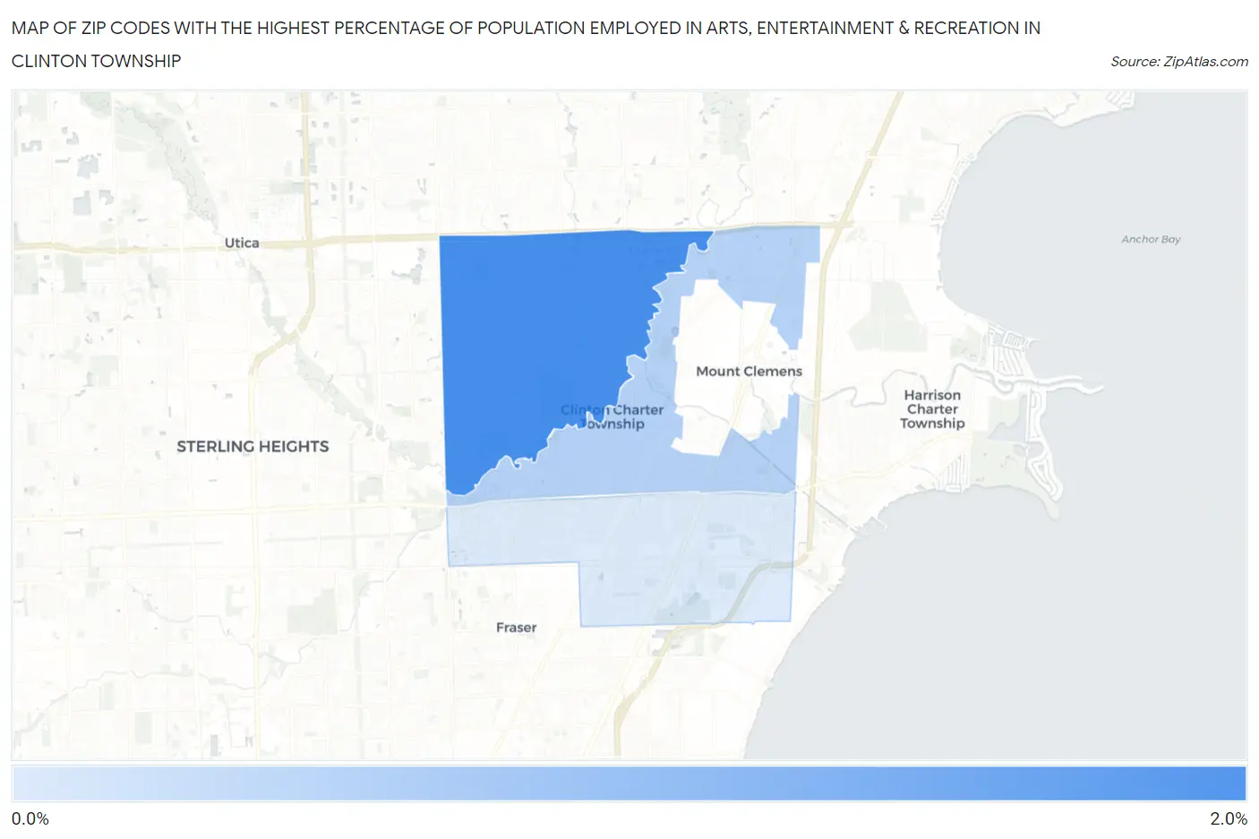 Zip Codes with the Highest Percentage of Population Employed in Arts, Entertainment & Recreation in Clinton Township Map