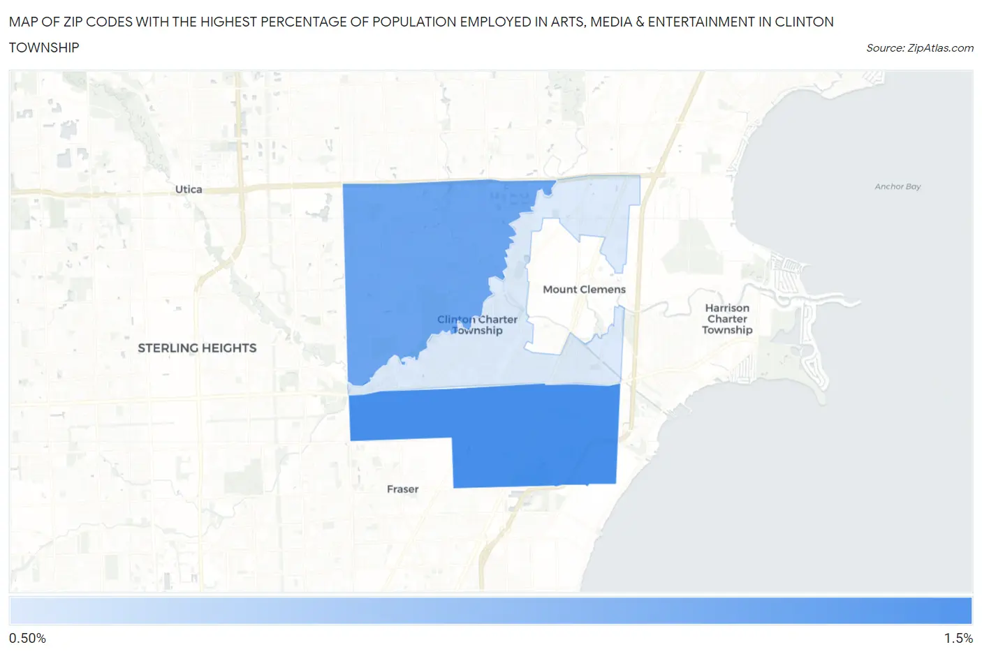 Zip Codes with the Highest Percentage of Population Employed in Arts, Media & Entertainment in Clinton Township Map