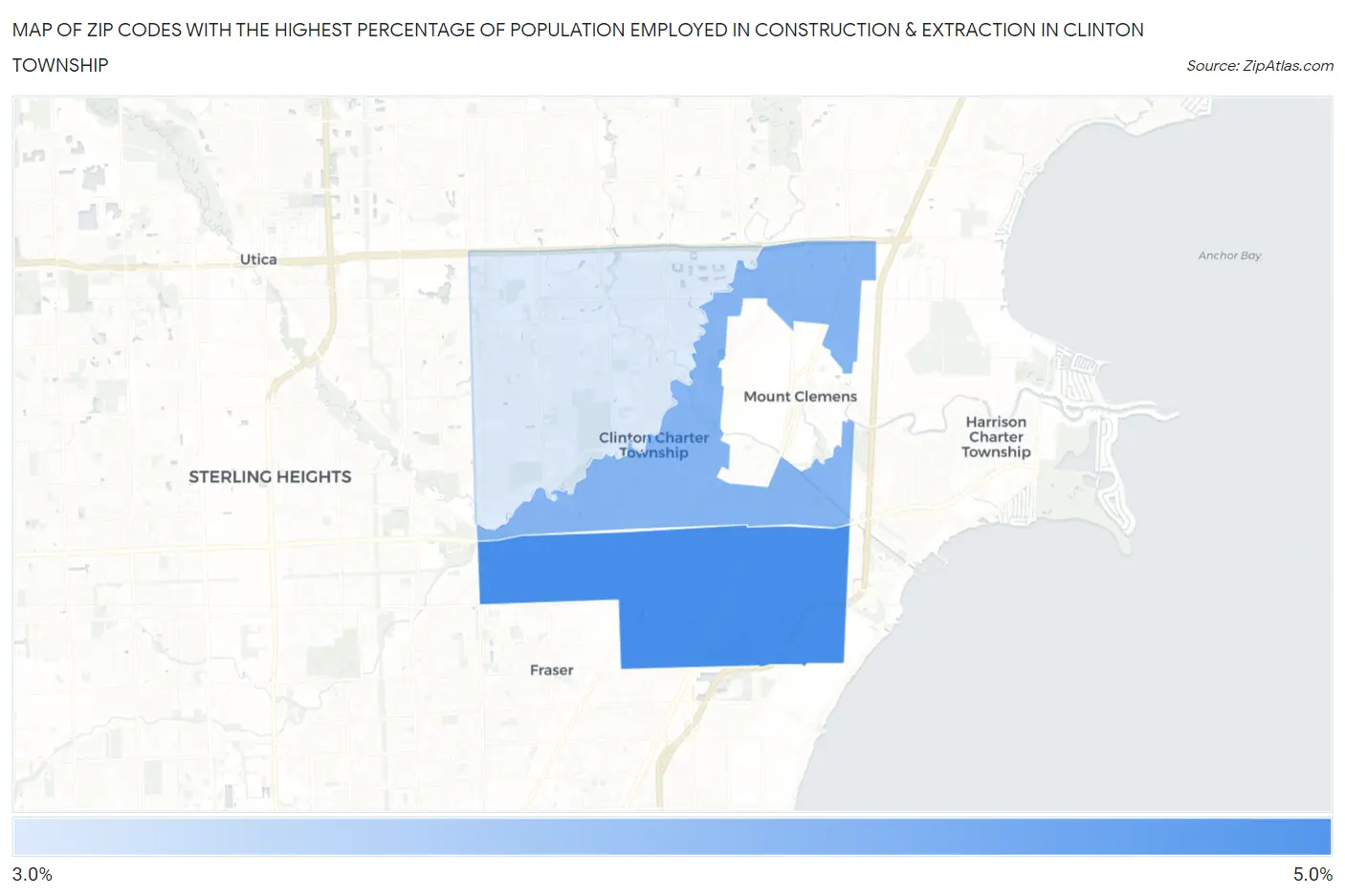 Zip Codes with the Highest Percentage of Population Employed in Construction & Extraction in Clinton Township Map