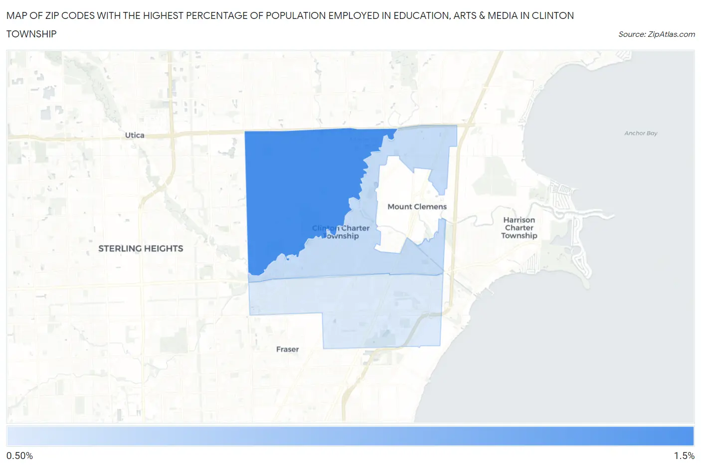Zip Codes with the Highest Percentage of Population Employed in Education, Arts & Media in Clinton Township Map