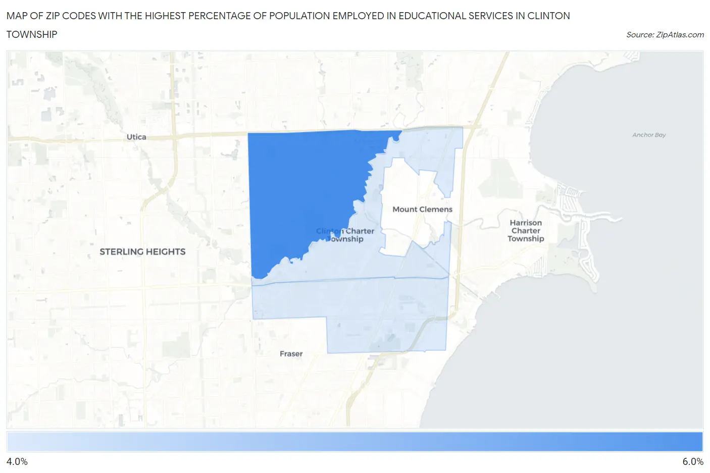 Zip Codes with the Highest Percentage of Population Employed in Educational Services in Clinton Township Map