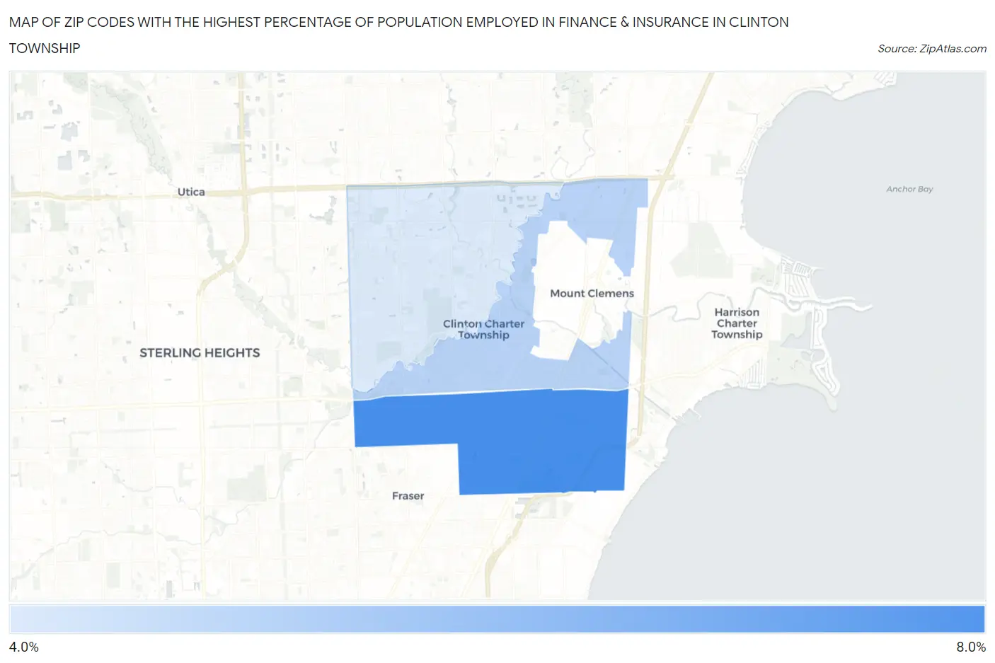 Zip Codes with the Highest Percentage of Population Employed in Finance & Insurance in Clinton Township Map