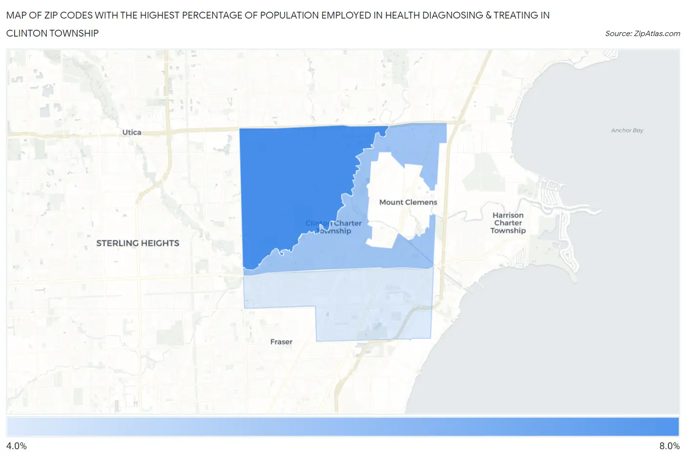 Zip Codes with the Highest Percentage of Population Employed in Health Diagnosing & Treating in Clinton Township Map