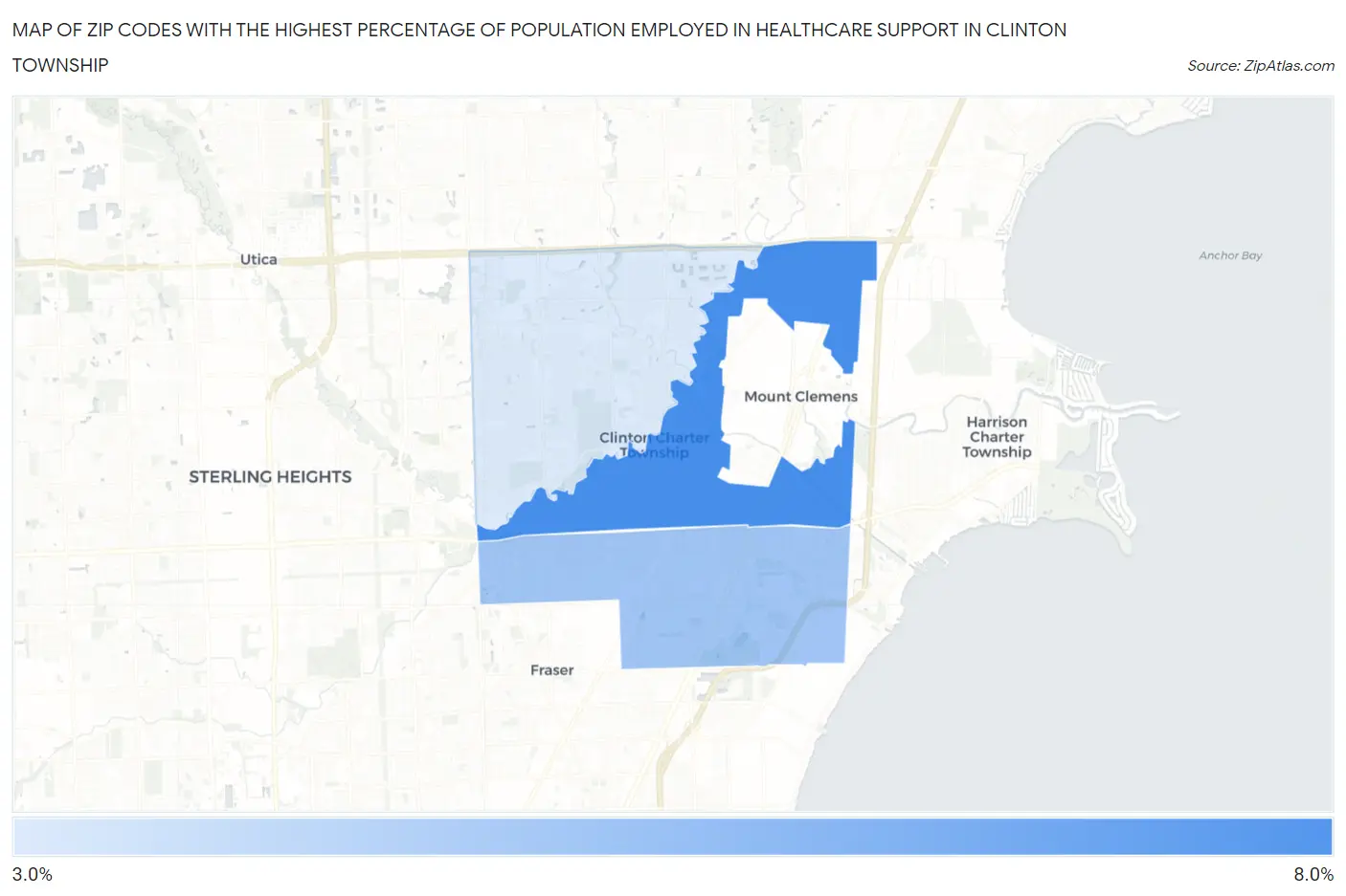 Zip Codes with the Highest Percentage of Population Employed in Healthcare Support in Clinton Township Map