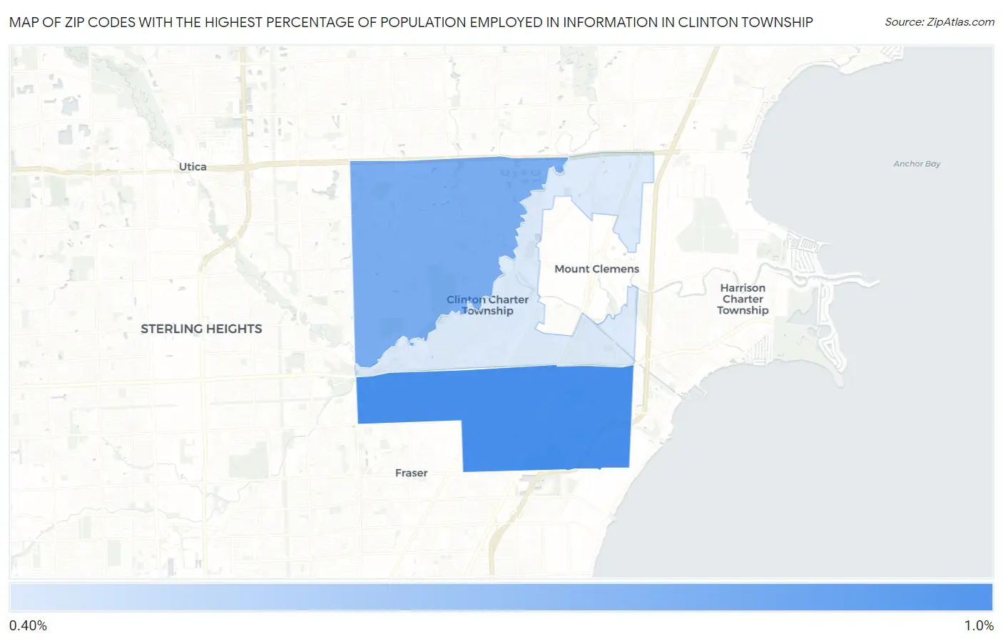 Zip Codes with the Highest Percentage of Population Employed in Information in Clinton Township Map