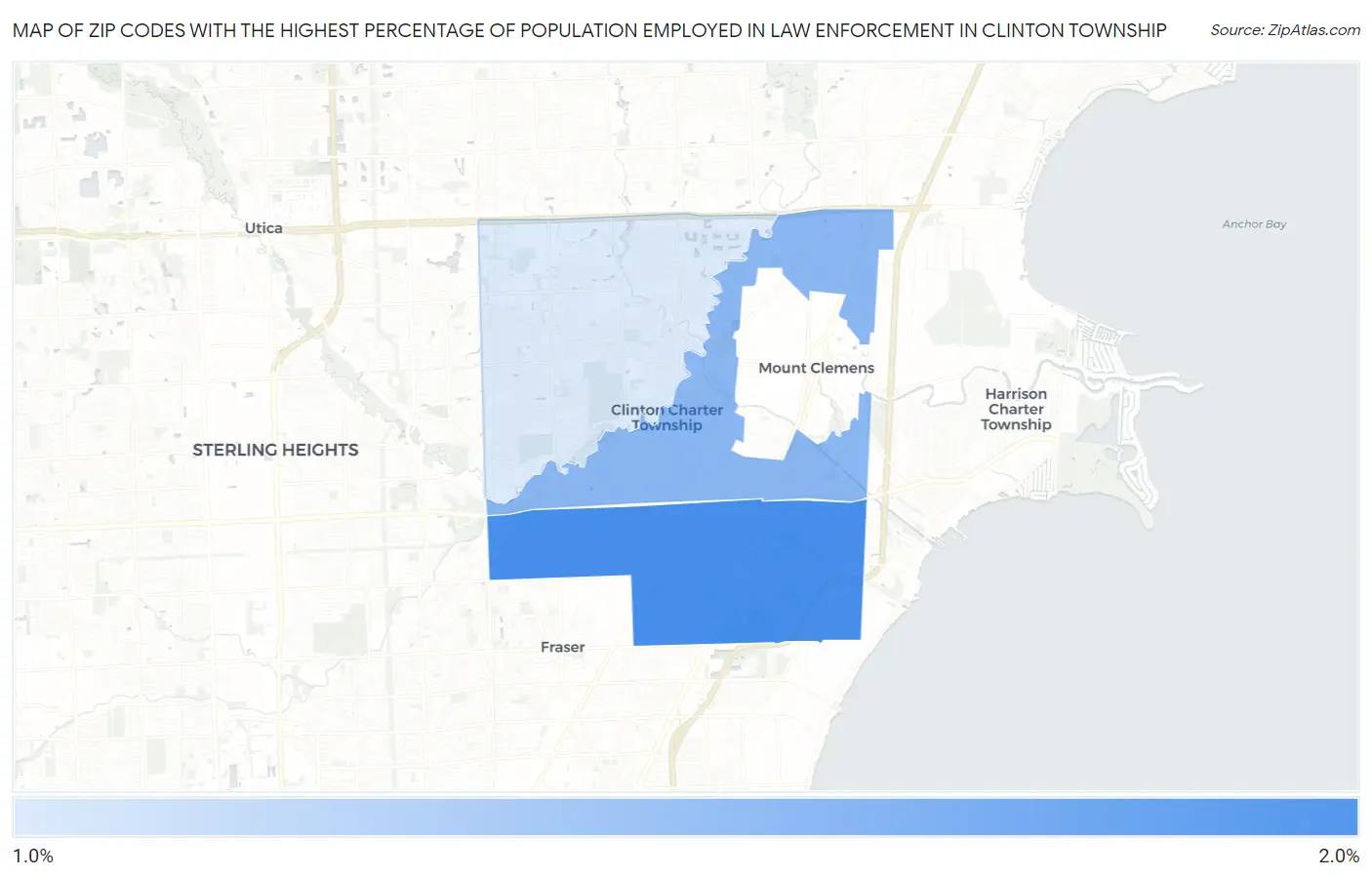 Zip Codes with the Highest Percentage of Population Employed in Law Enforcement in Clinton Township Map