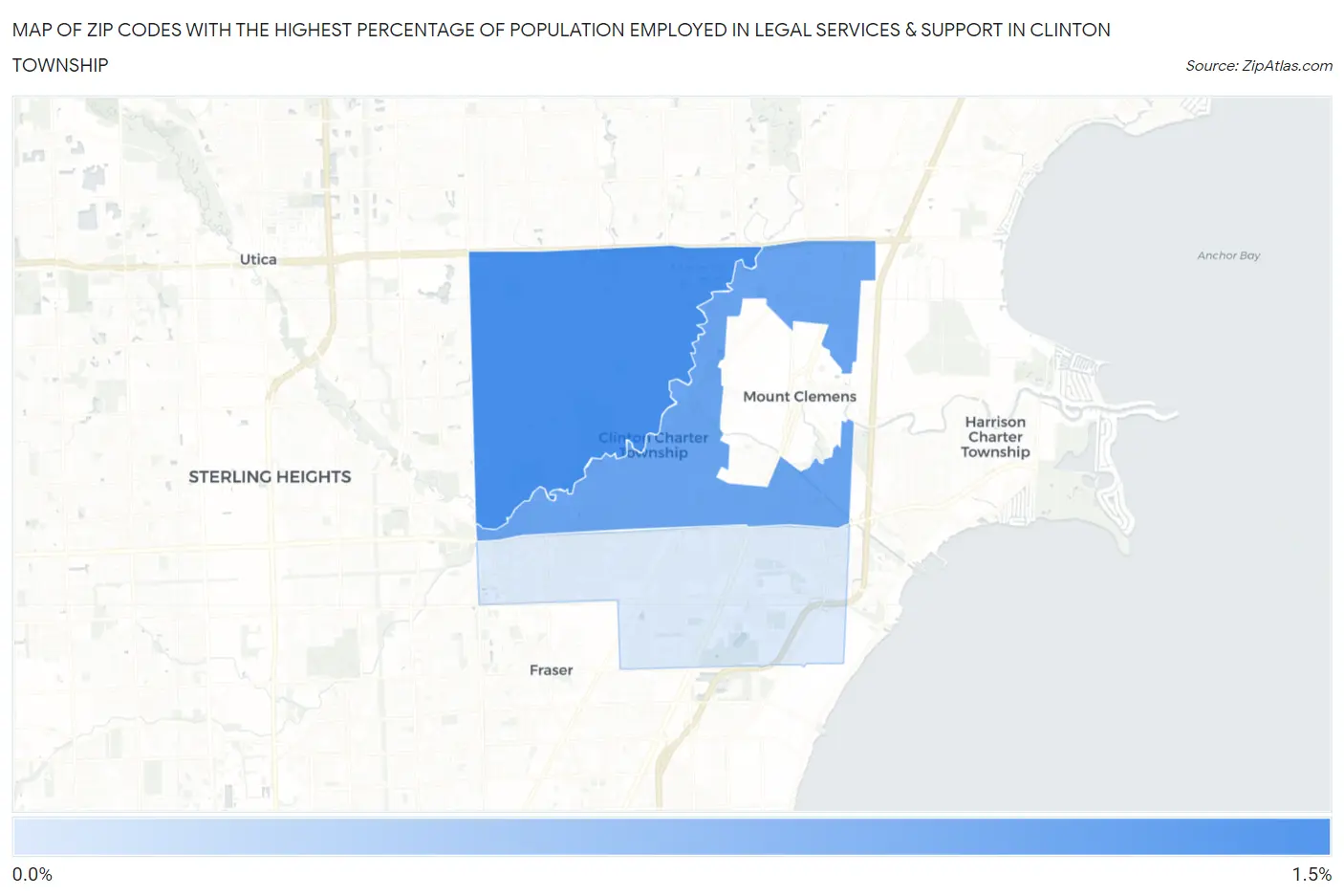 Zip Codes with the Highest Percentage of Population Employed in Legal Services & Support in Clinton Township Map