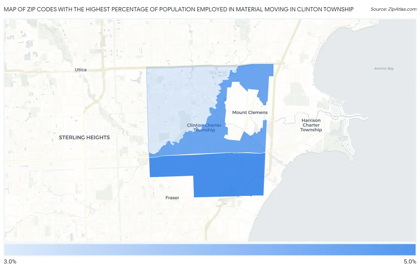 Zip Codes with the Highest Percentage of Population Employed in Material Moving in Clinton Township Map