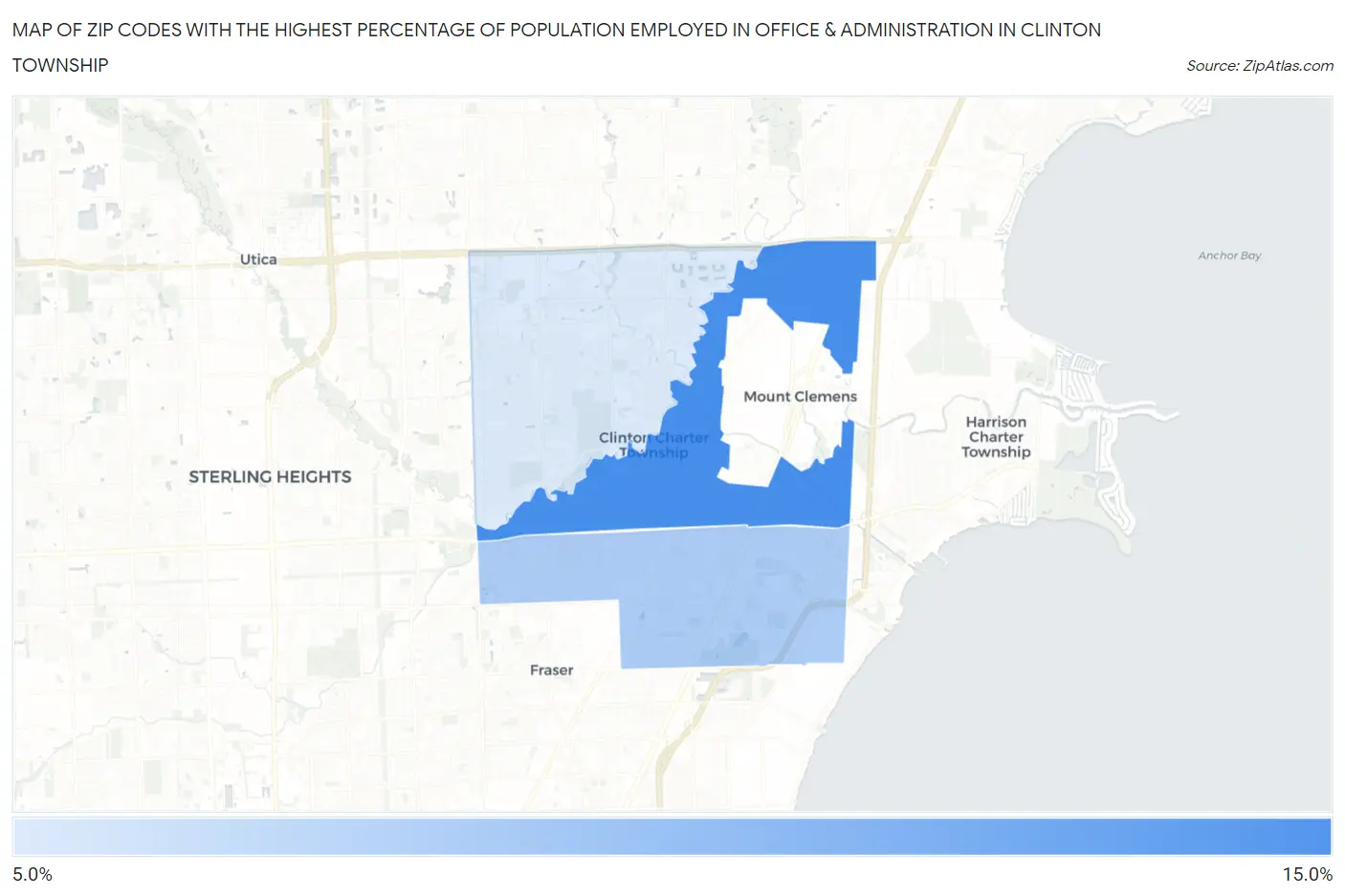 Zip Codes with the Highest Percentage of Population Employed in Office & Administration in Clinton Township Map