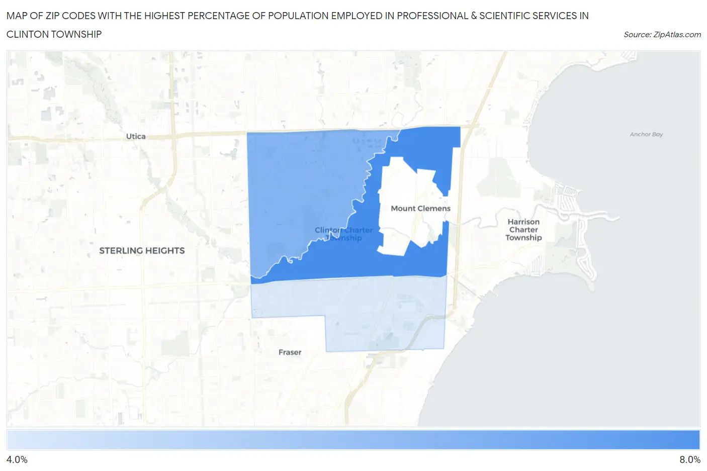 Zip Codes with the Highest Percentage of Population Employed in Professional & Scientific Services in Clinton Township Map