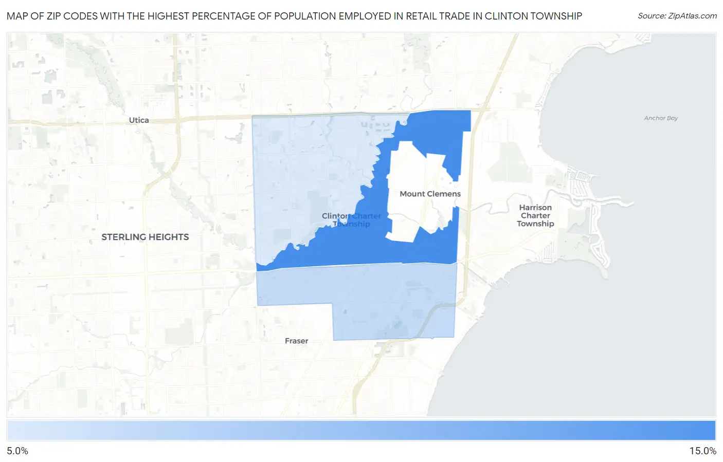 Zip Codes with the Highest Percentage of Population Employed in Retail Trade in Clinton Township Map