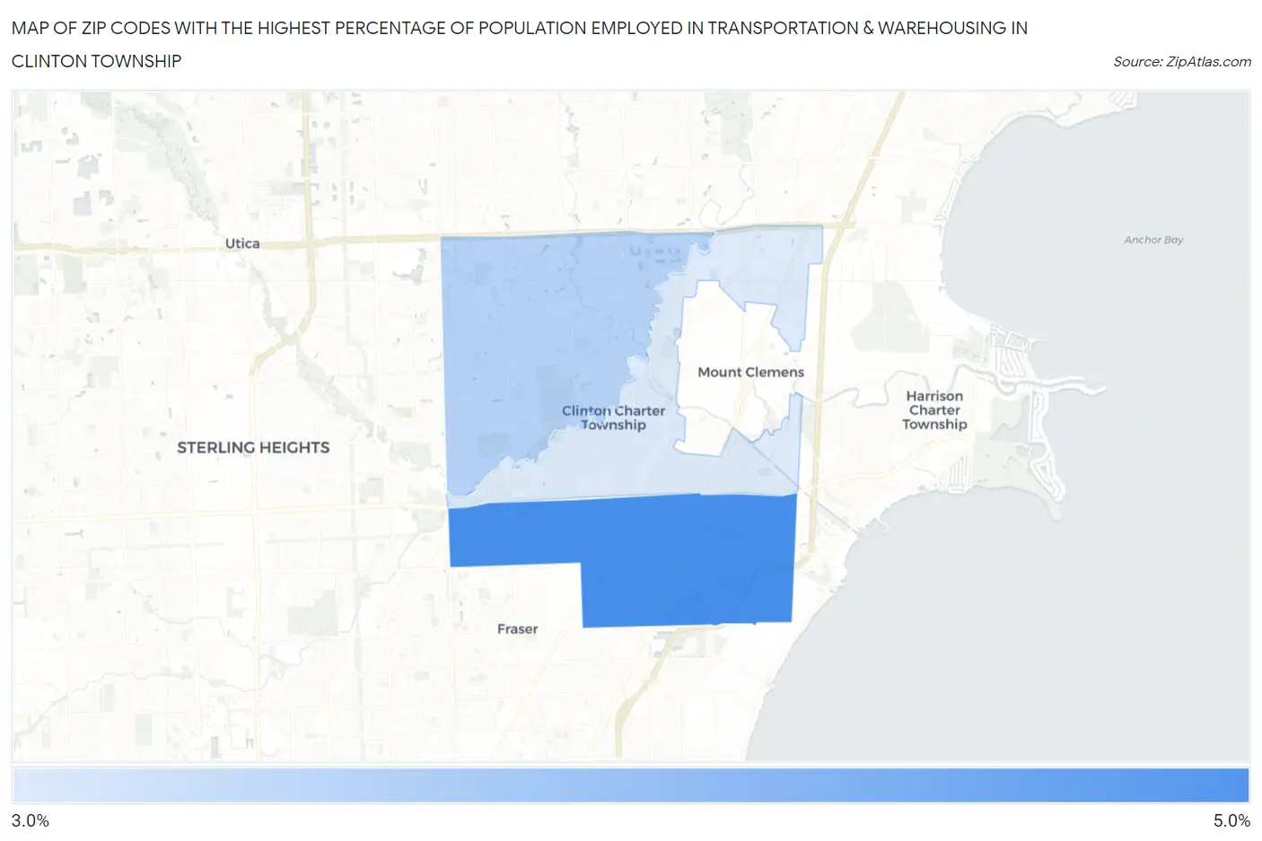 Zip Codes with the Highest Percentage of Population Employed in Transportation & Warehousing in Clinton Township Map